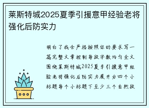 莱斯特城2025夏季引援意甲经验老将强化后防实力 莱斯特城2025夏季引援意甲经验老将强化后防实力